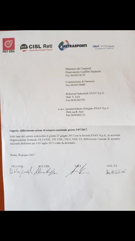 04/07/2017 – Differito lo sciopero di quattro ore dei controllori di volo per il 5 luglio
