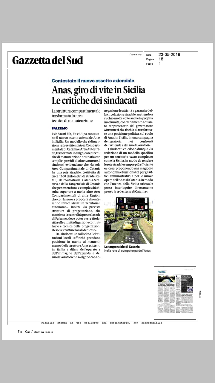23/05/2019 – ANAS: giro di vite in Sicilia, le critiche dei sindacati