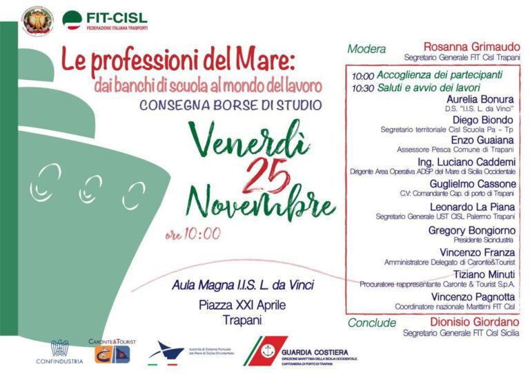 25/11/2022 – PROFESSIONI DEL MARE. VENERDI’ 25 novembre a Trapani la consegna delle borse di studio